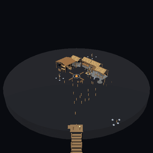 Recorded 3D island built by 16 Kimi agents, with cabins, a workshop and a central gathering place