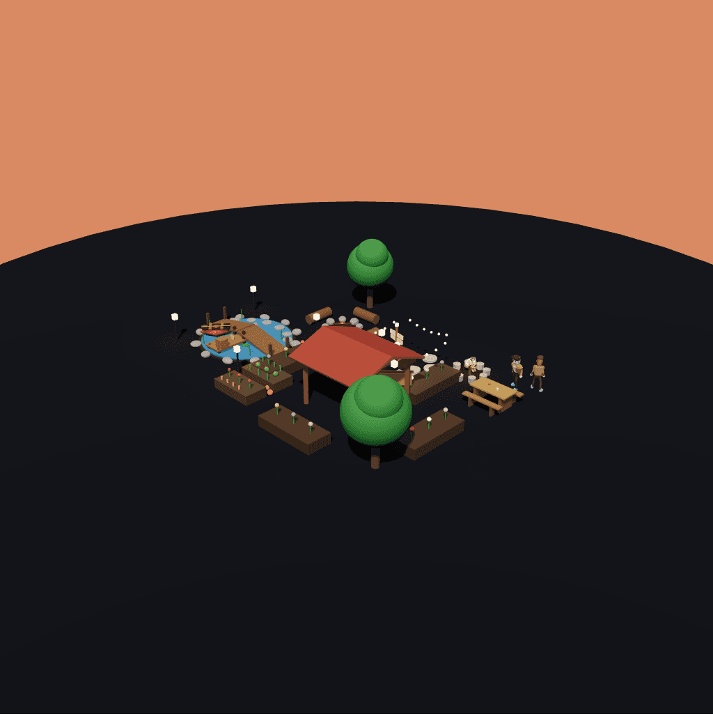 Recorded two-agent GLM world with a shelter, paths and a garden