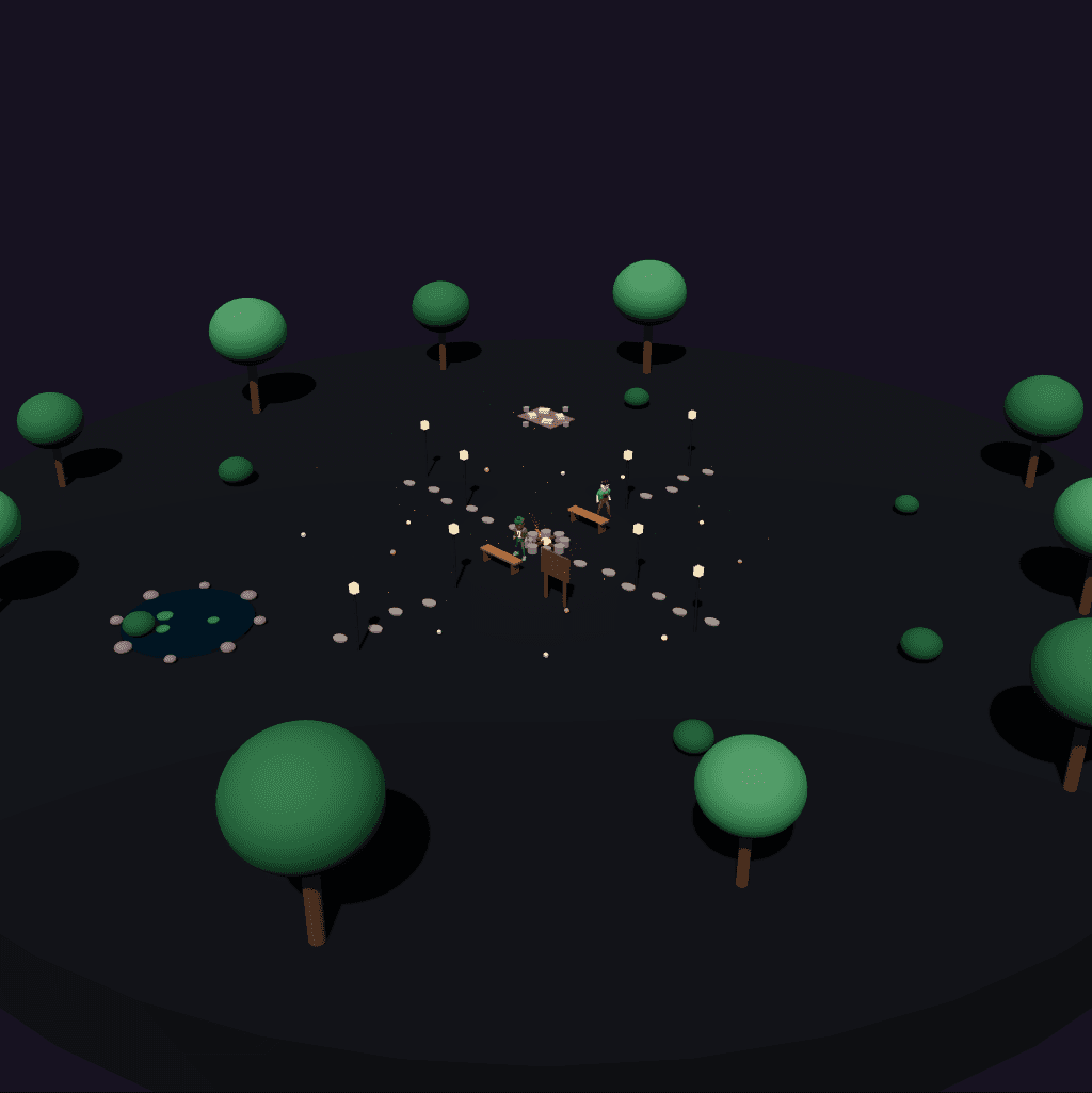 Recorded two-agent Kimi world with a campfire, trees and a pond