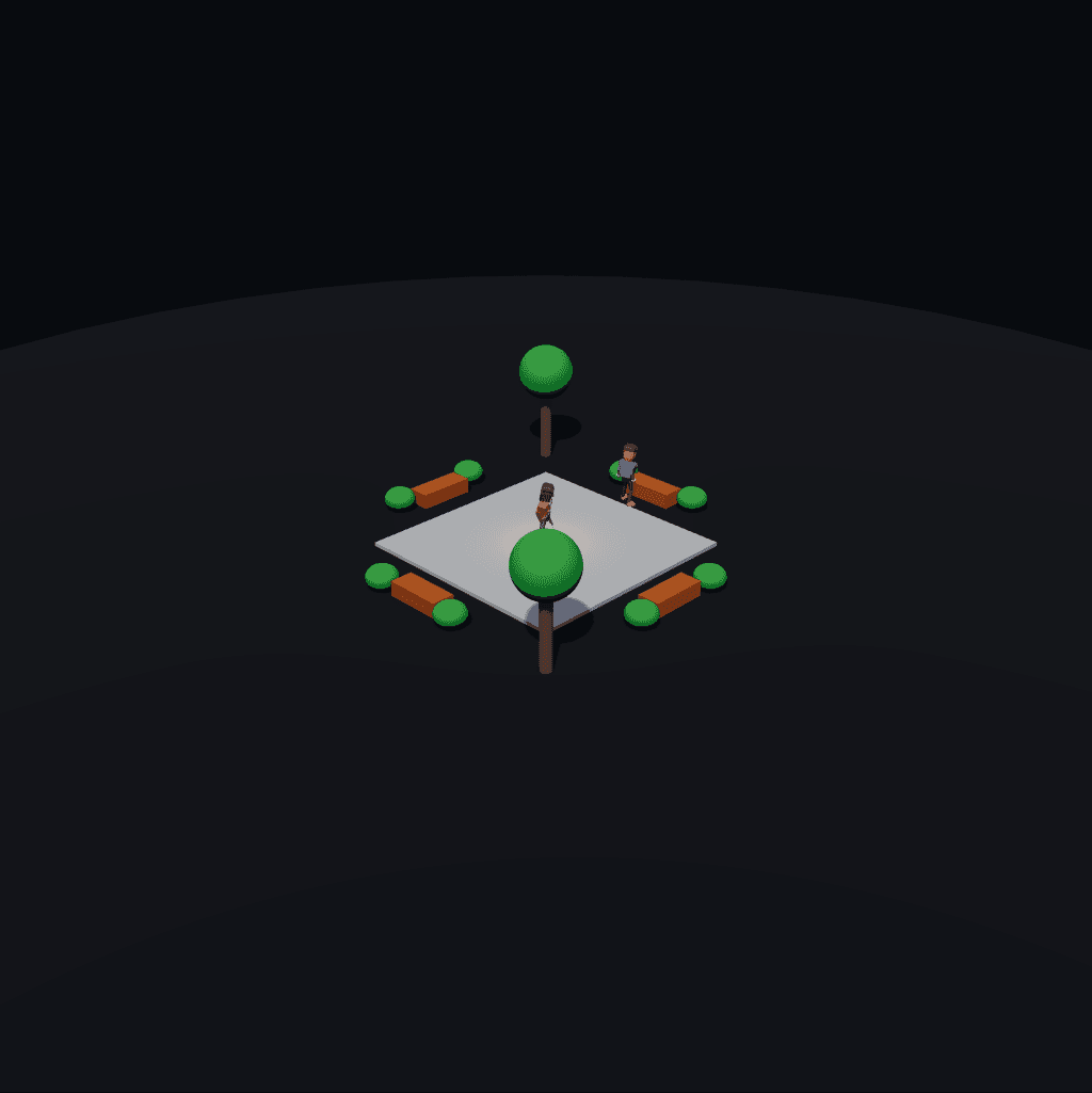 Recorded two-agent Gemini world with benches around a central platform, trees and a fire pit