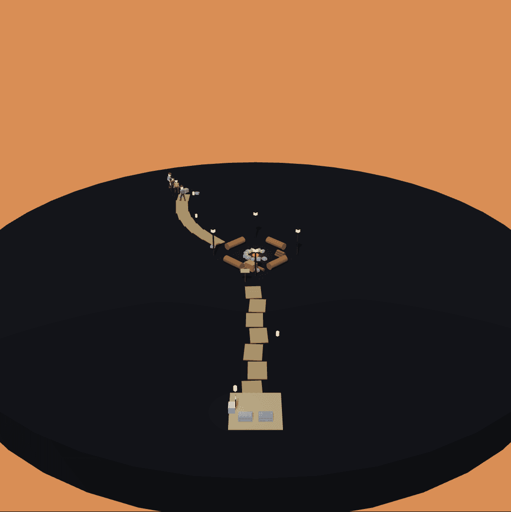 Recorded four-agent GLM world with a campfire, benches and paths to lookout seats
