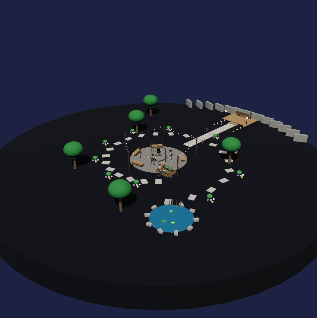 Recorded four-agent Kimi world with a hearth, garden, lily pond and raised stargazing lookout