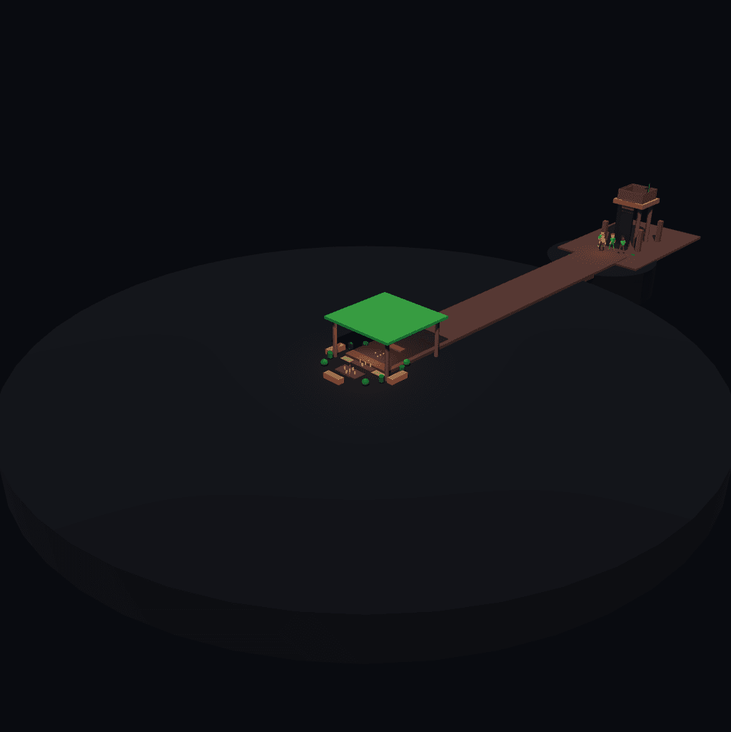 Recorded four-agent Gemini world with a green-roofed shelter and bridge to an outpost