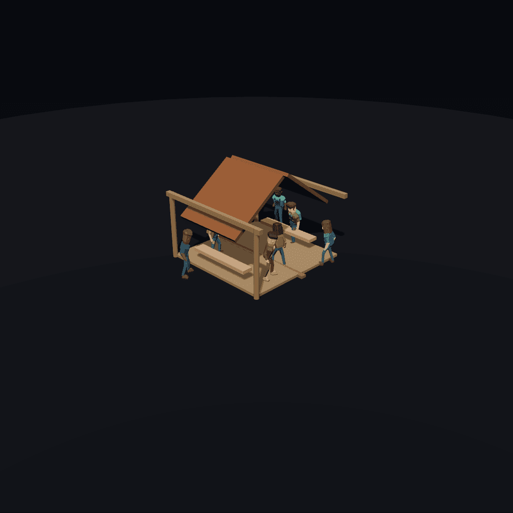 Recorded eight-agent DeepSeek shelter with a platform, roof and benches