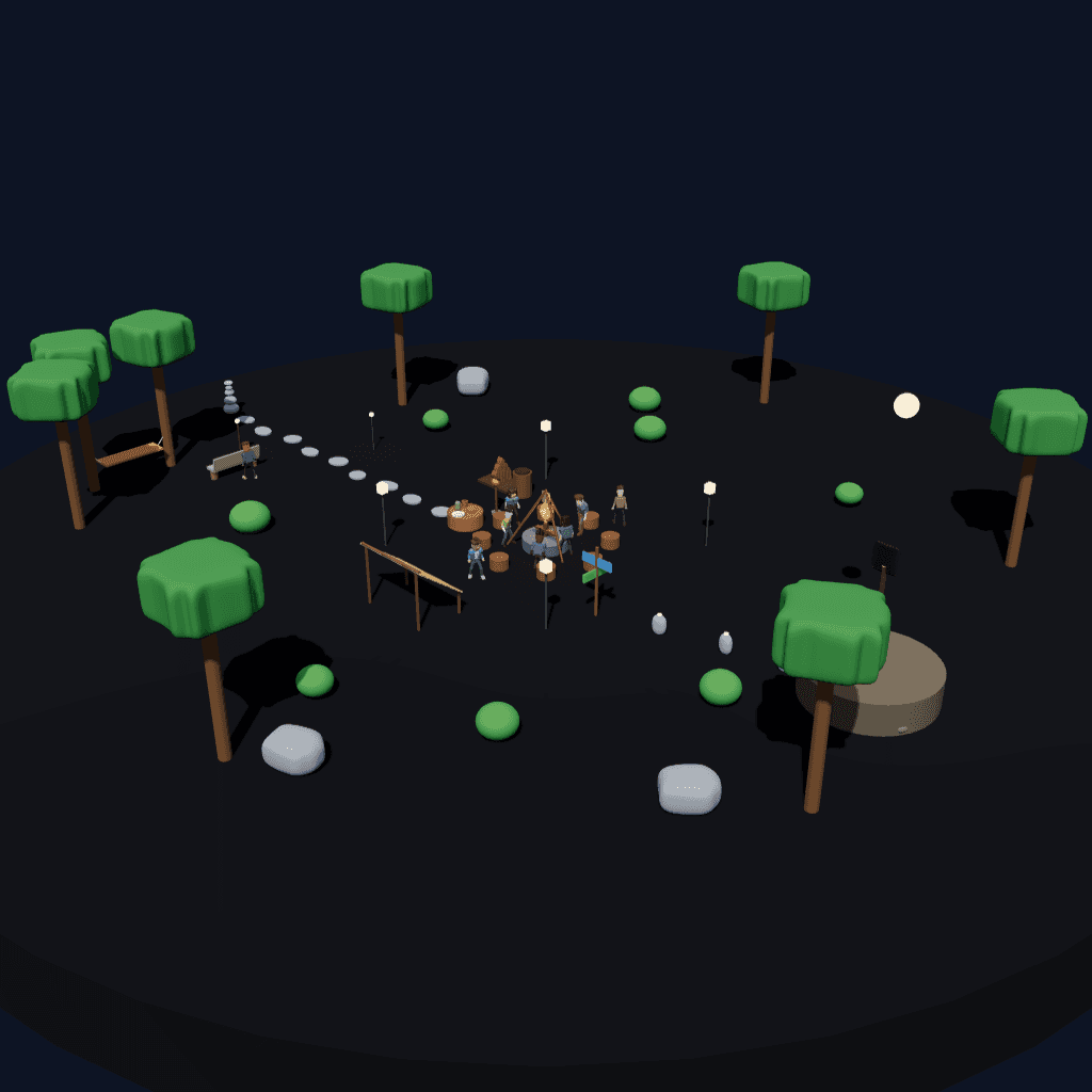Recorded eight-agent GLM camp with seats, lanterns and palm trees