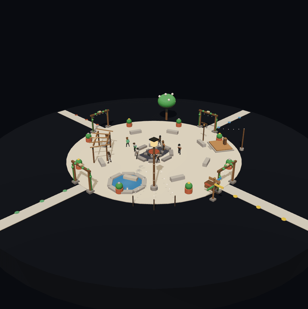 Recorded eight-agent Kimi world with a gathering circle, pool and lanterns