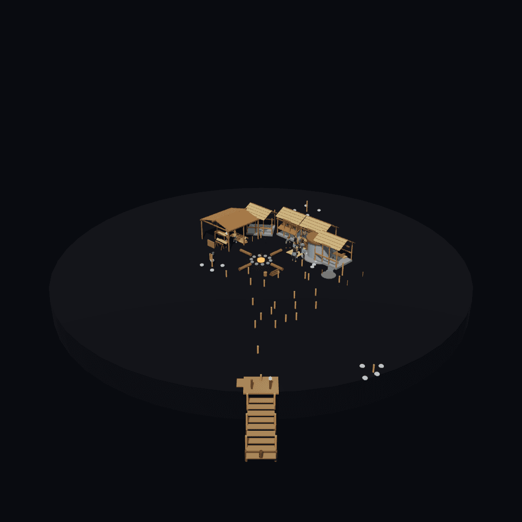 Recorded sixteen-agent Kimi settlement with cabins, a workshop and a gathering circle