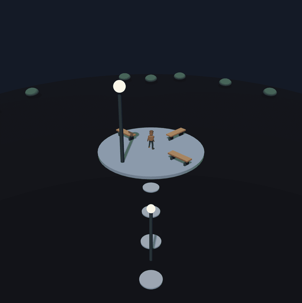 Three benches surround a beacon on DeepSeek’s circular plaza, with stepping stones leading toward it