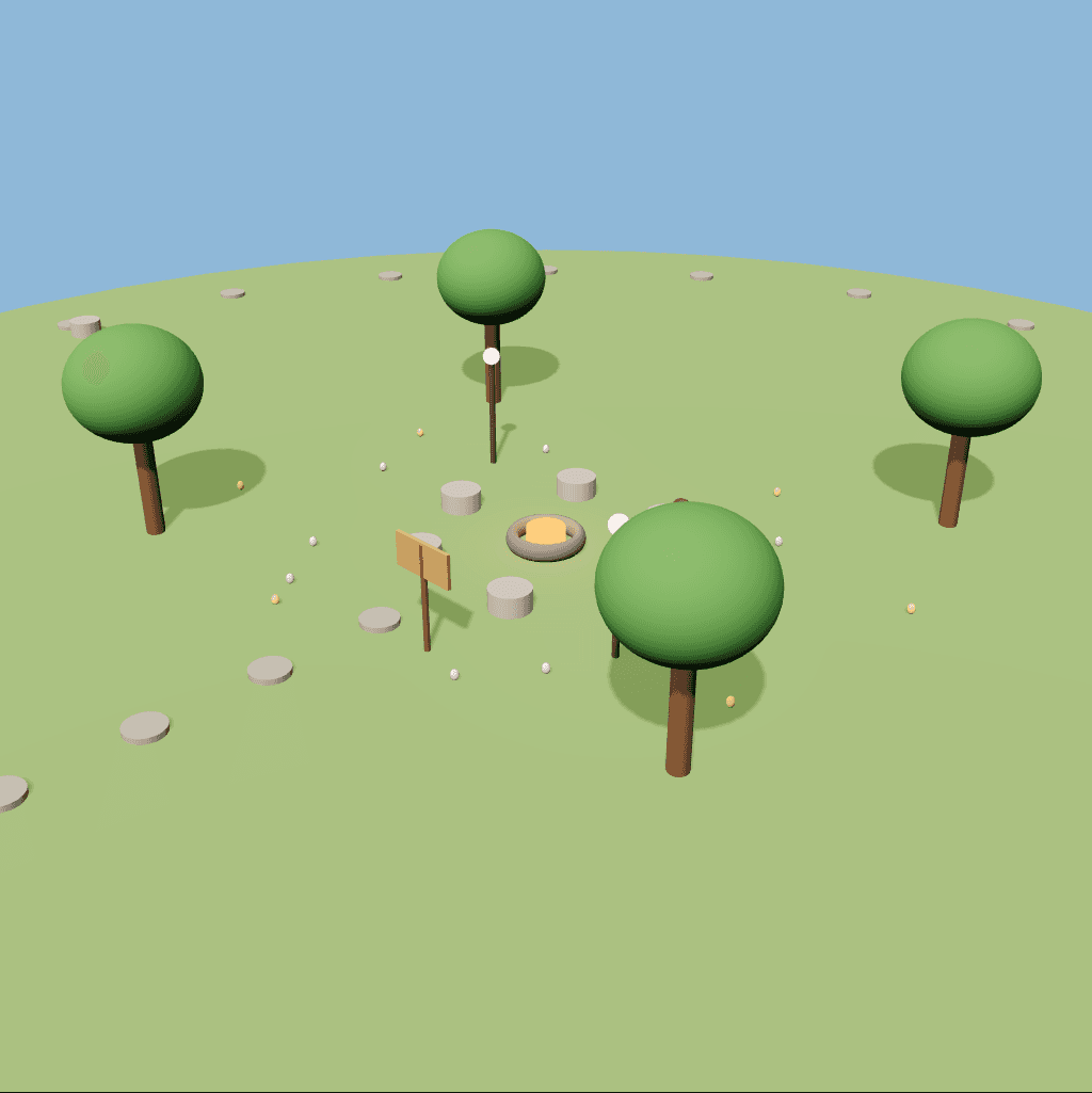 GLM’s campfire and stone seats, surrounded by trees and a stone path
