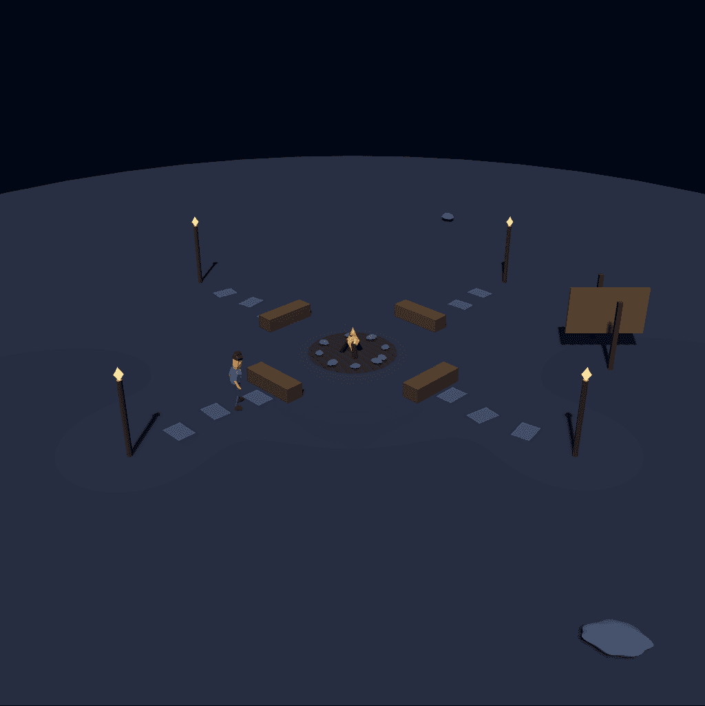Four wooden benches around Kimi’s campfire, with torches and a noticeboard nearby