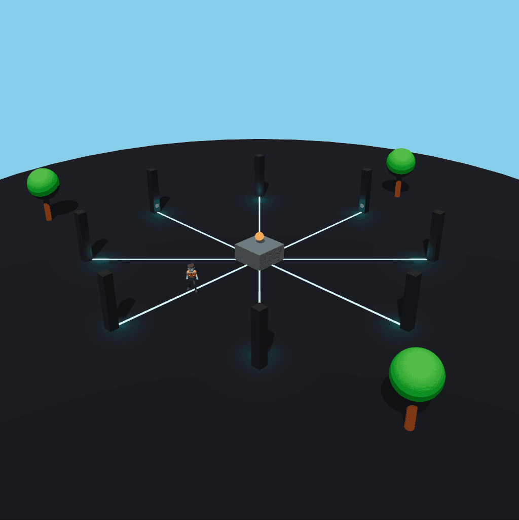 Eight monoliths surround Gemini’s central sphere and pedestal, connected by glowing lines