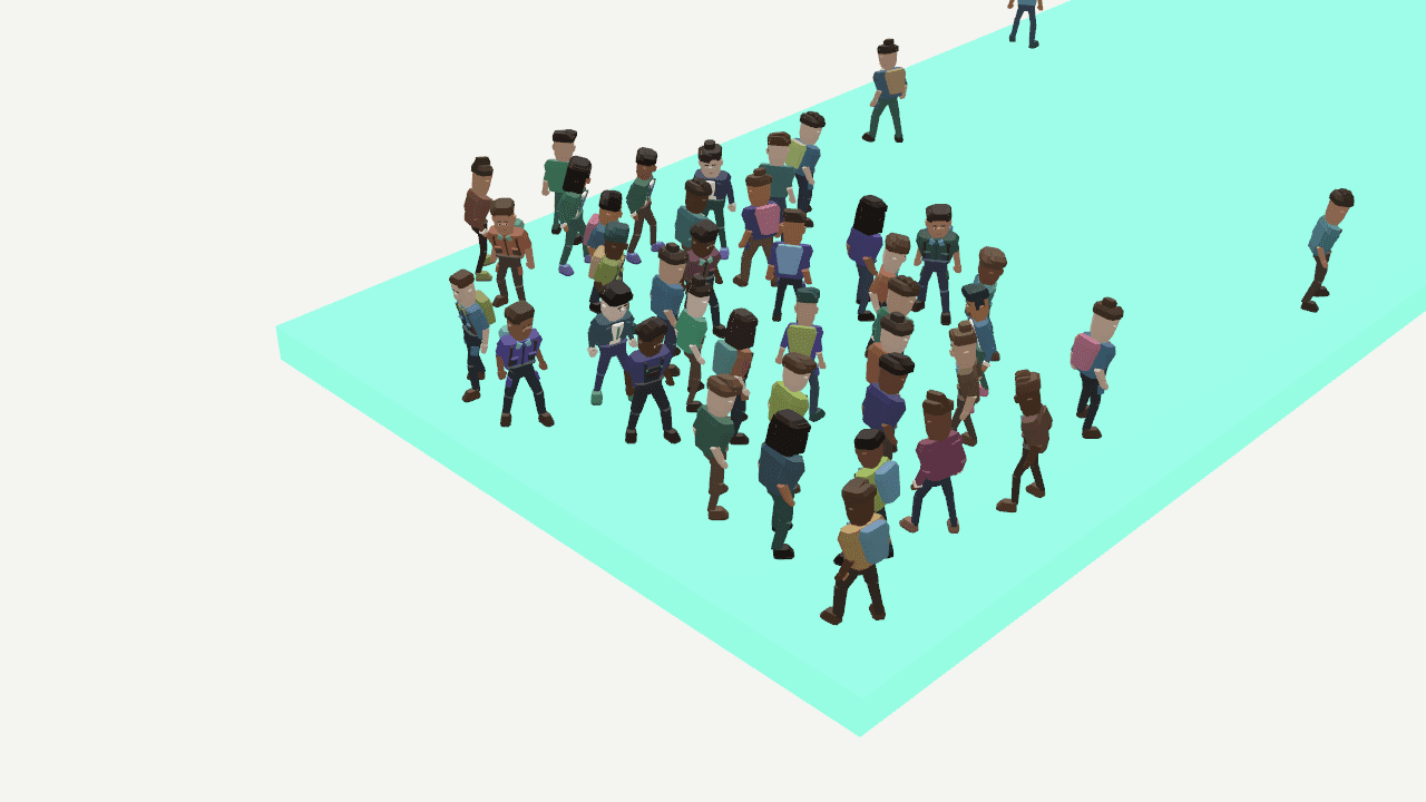 Recorded Gemini agents crowd the central platform, with a smaller group remaining as others move away
