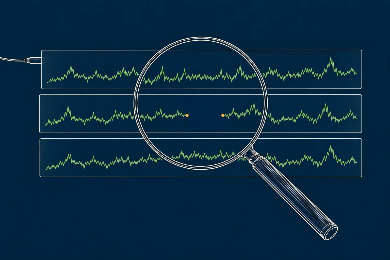 Technical illustration of a magnifying lens revealing a missing segment in repeated measurement records