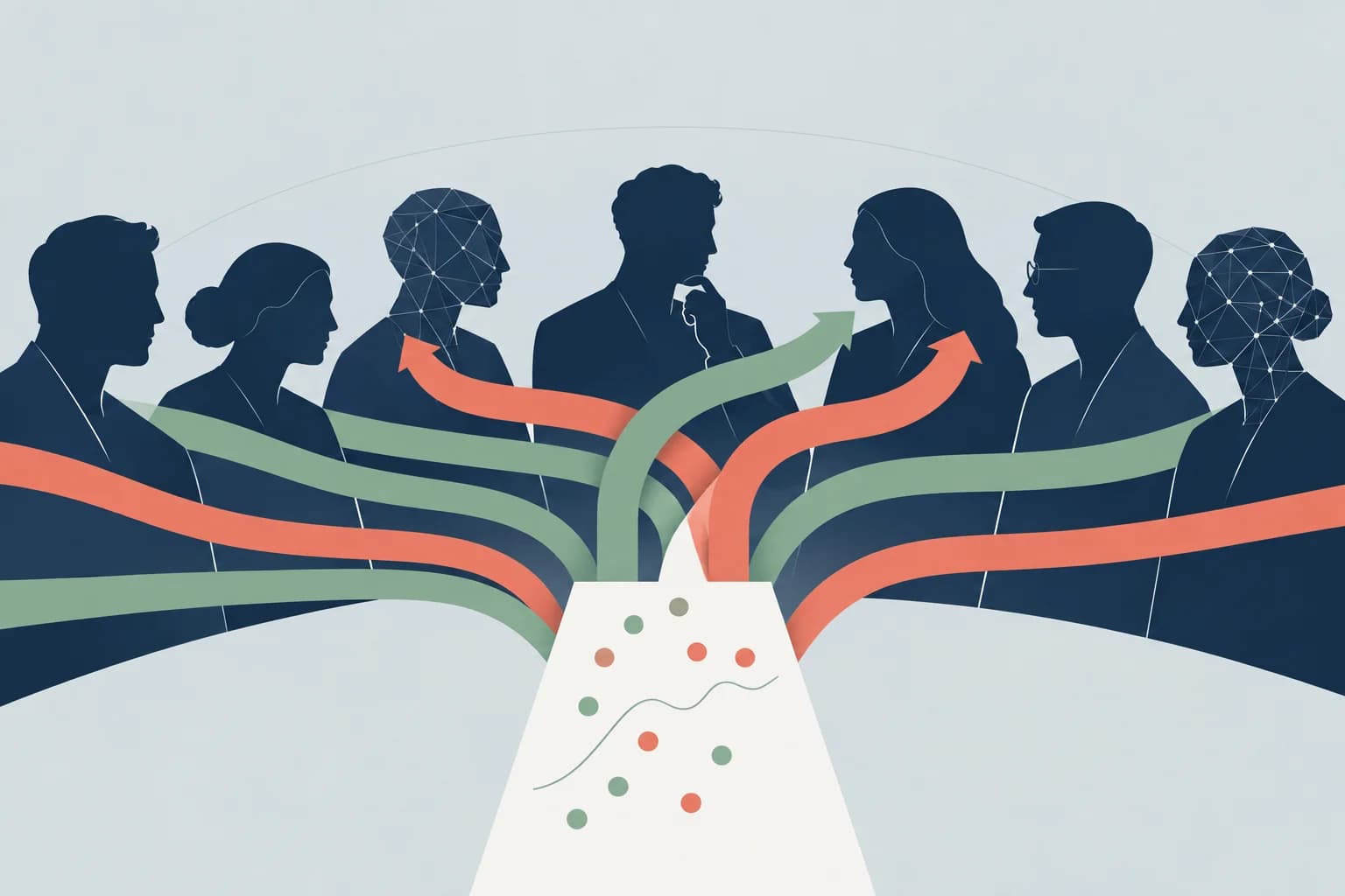 Editorial illustration of evidence redirecting exchanges among a group of artificial participants