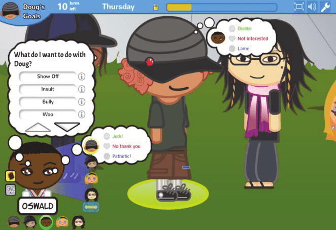 Prom Week’s interface shows social actions Oswald wants to take toward Doug