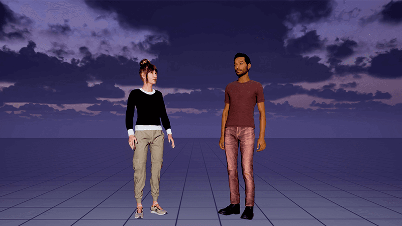 Two embodied characters meeting inside the Manufacturing Consciousness virtual world